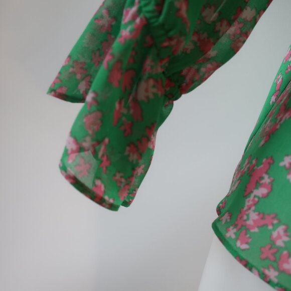 Womens Misa Los Angeles Green, Pink Floral Print Ruffle Button Down Blouse M - Picture 4 of 6